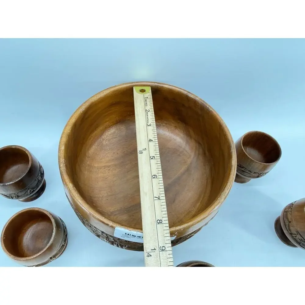 Vintage Hand Carved Wood Punch Bowl Set 6 Goblets Tiki Village 3 lb
